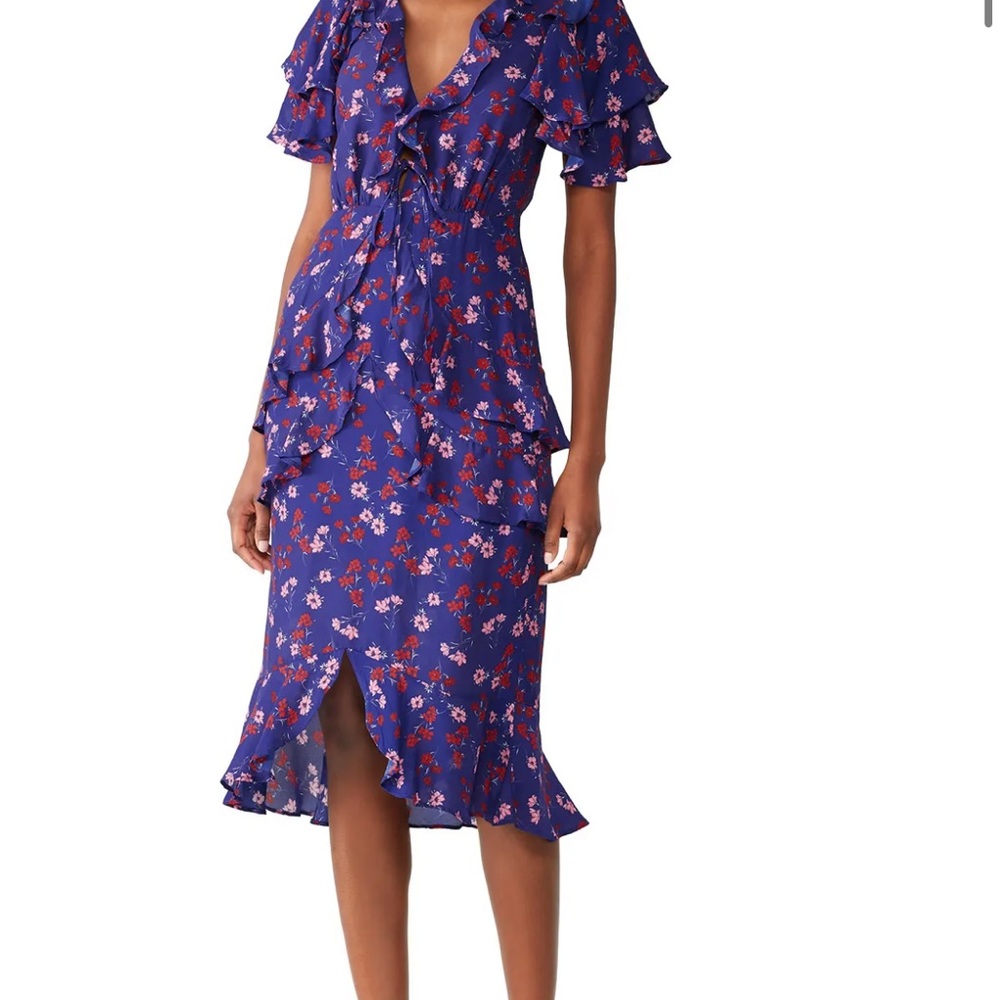 Ruffled Floral Midi Dress in Royal Blue